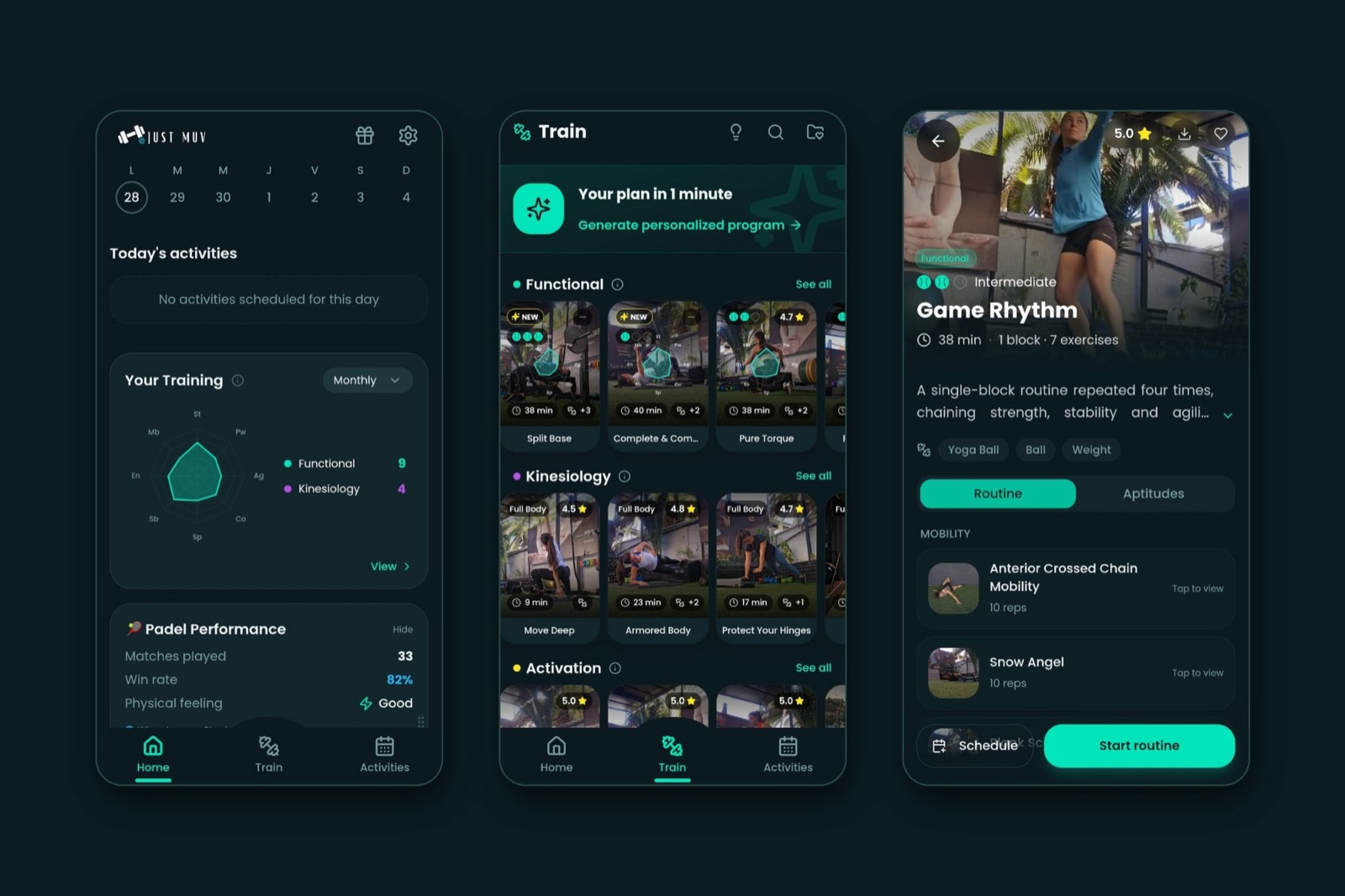 Three screens from the Just Muv padel training app showing a training plan, routines and a workout